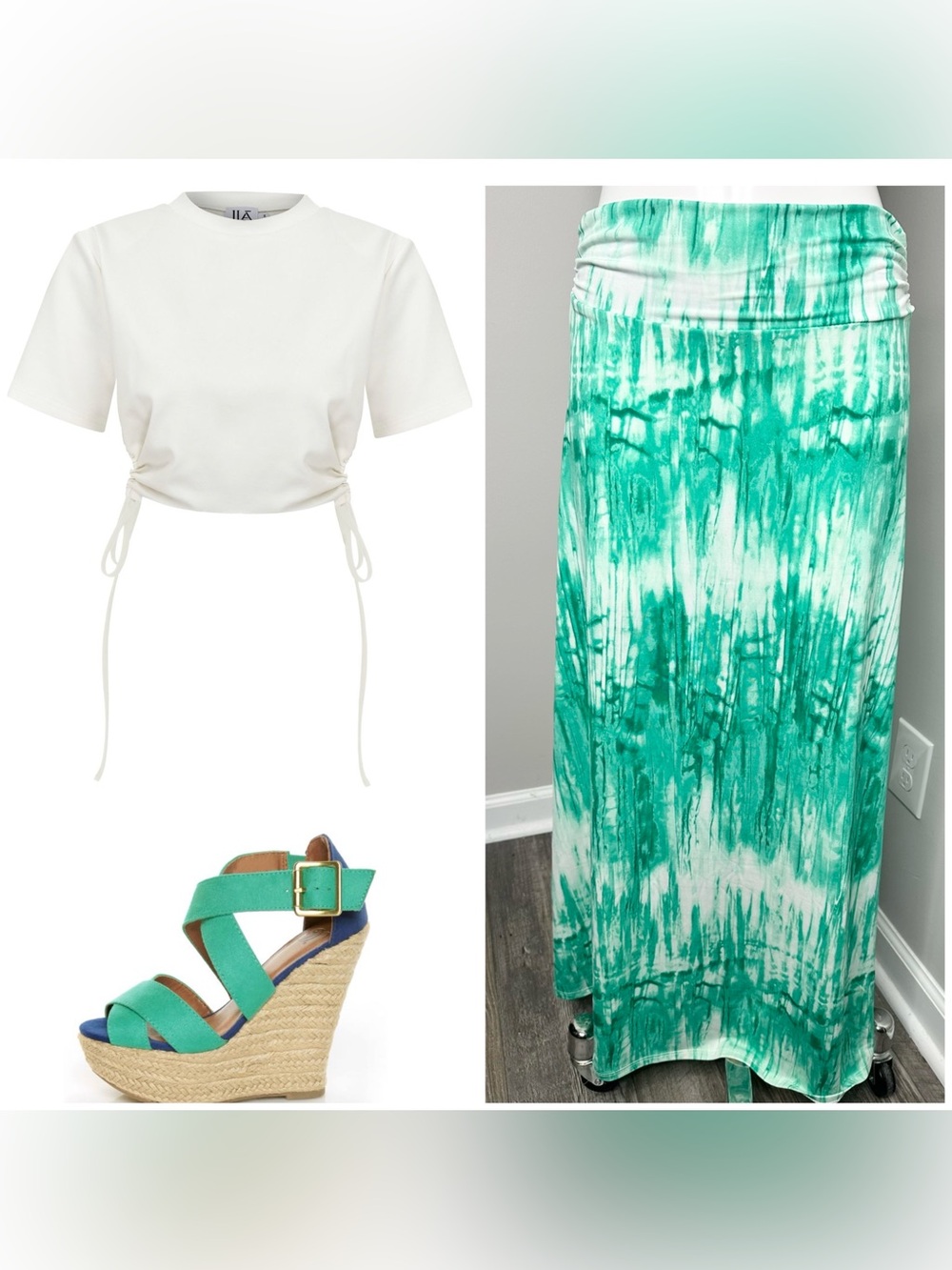 Icy turquoise Tie-Dye Maxi Skirt with Elastic Waist-M